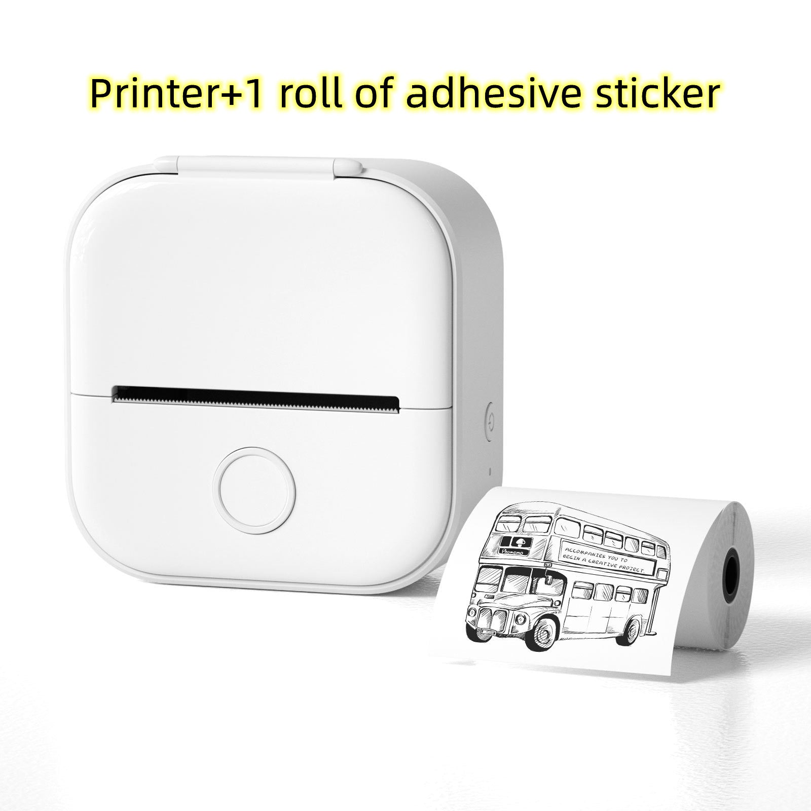 White printer with a roll of adhesive sticker featuring a bus design on a white background.