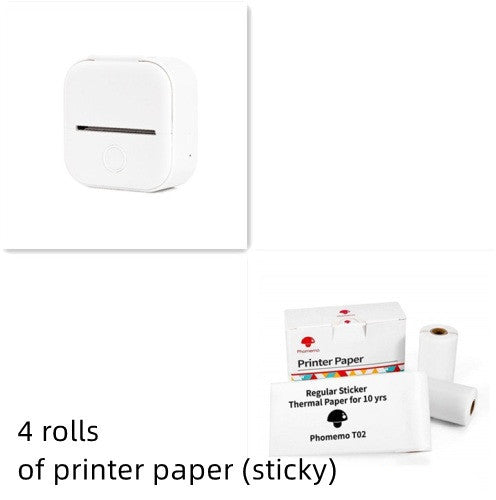 Four rolls of printer paper with a small white device on a white background