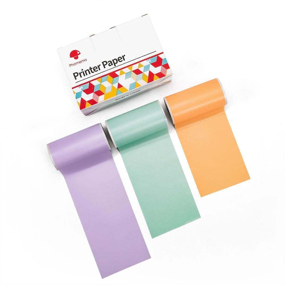 Three rolls of printer paper in purple, green, and orange with a box labeled 'Printer Paper' on a white background.