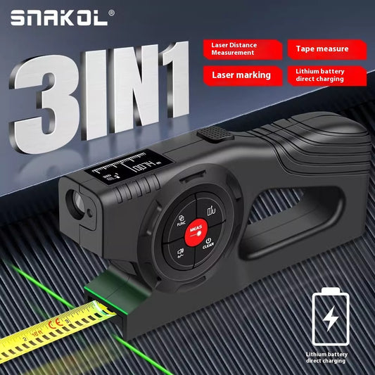 Snakol 3-in-1 measuring device with laser distance measurement, tape measure, and laser marking on a dark background.