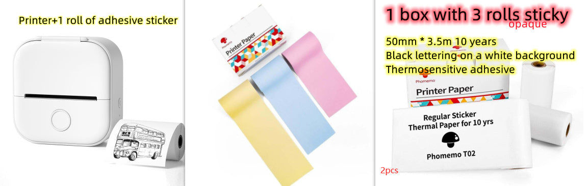 White printer with adhesive stickers, colorful sticky notes, and a box of thermal paper on a white background.