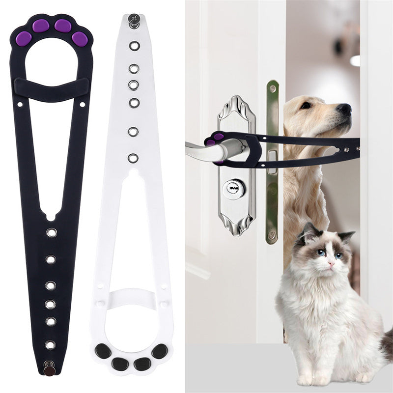 A pet cat door holder latch with a keyhole, shown in black with purple details, installed on a white door, with a cat looking at a dog through the door.