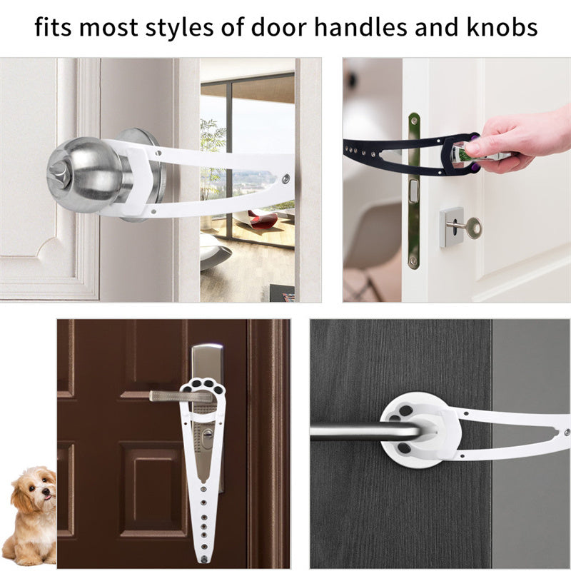 Product demonstrating its compatibility with various door handles and knobs on different doors.