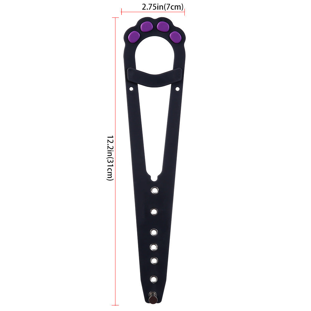 A pet cat door holder latch with a keyhole, shown in black with purple details, installed on a white door, with a cat looking at a dog through the door.