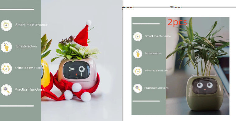 Two decorative plant pots with smart device interfaces on a light gray background