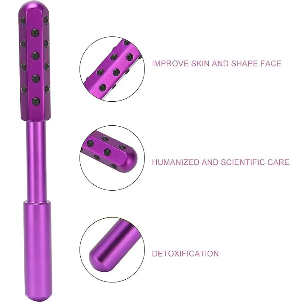 Purple handheld device with text on a white background