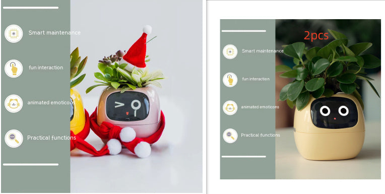 Two images of a small robot-like plant pot with animated features on a light gray background.