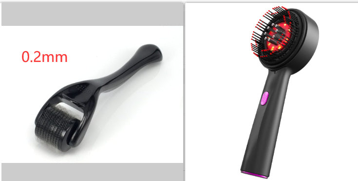 A person is holding a red electric massage comb with a black head, demonstrating its design and size.
