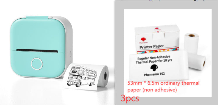 Turquoise printer with thermal paper and a box of printer paper on a white background