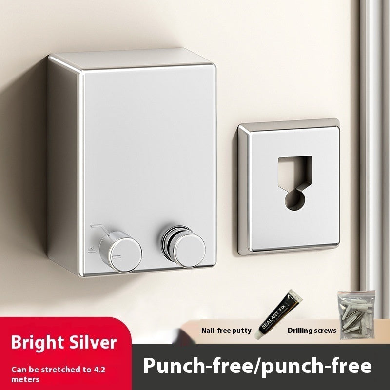 Metallic wall-mounted fixture with two knobs on a neutral background, featuring text about material and features.