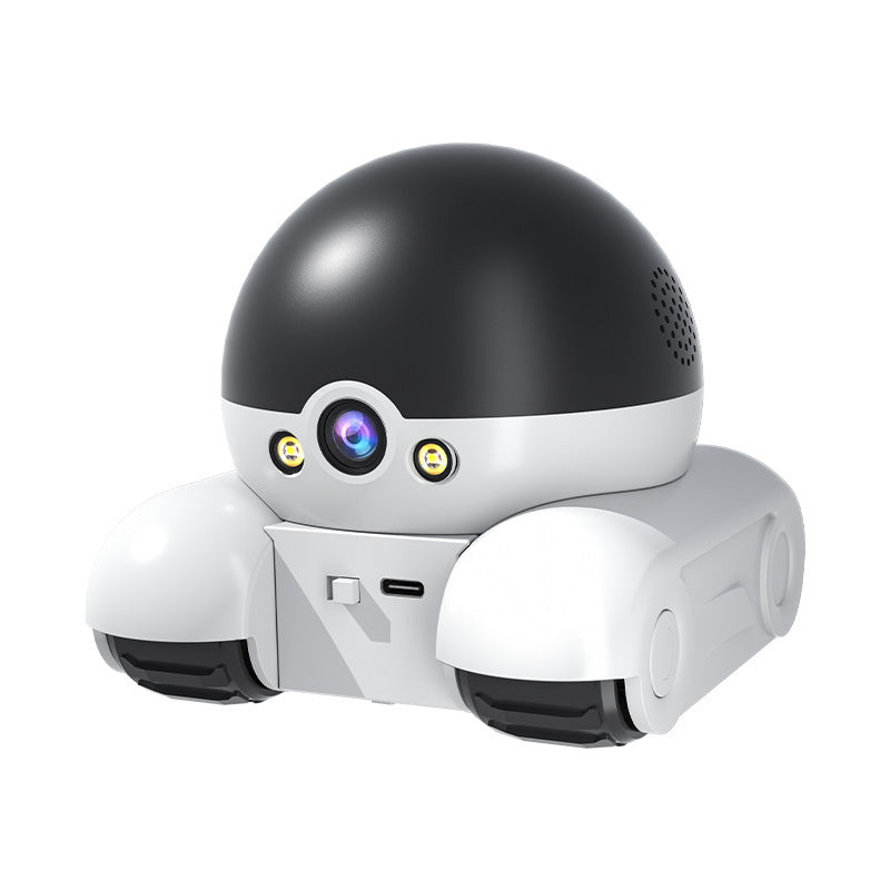 White and black robot toy on a white background