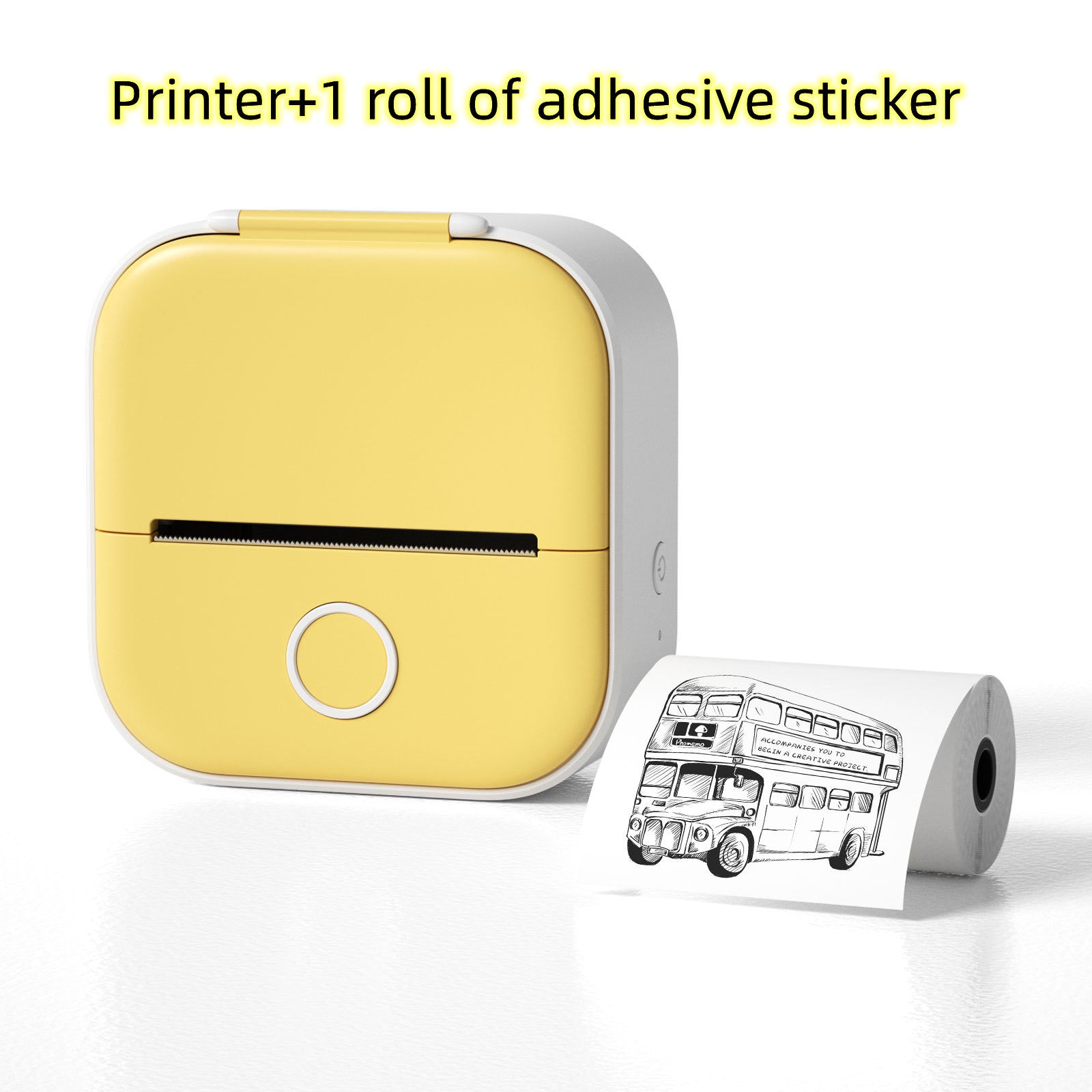 Yellow printer with a roll of adhesive sticker featuring a bus design on a white background