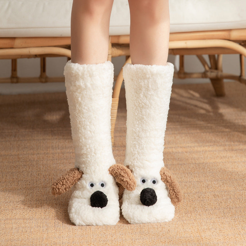Cute Cartoon Dog Plush Floor Socks – Winter Warm, Non-Slip Cozy Socks for Women