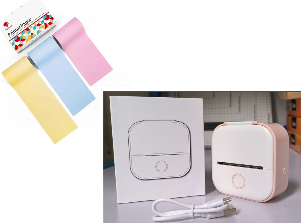 Small printer with paper and cable on a white background