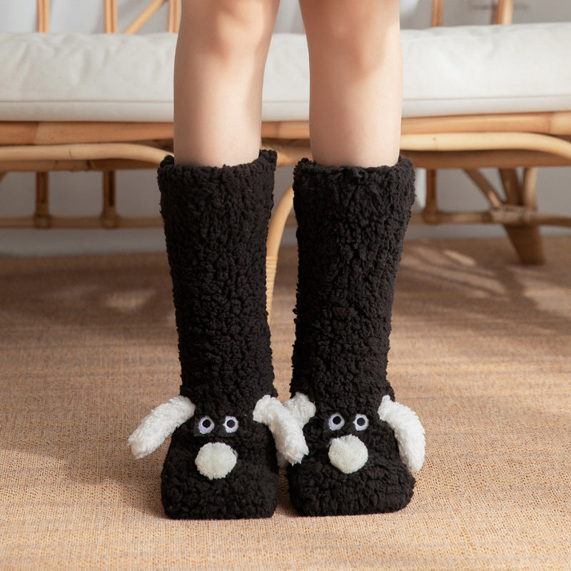 Cute Cartoon Dog Plush Floor Socks – Winter Warm, Non-Slip Cozy Socks for Women