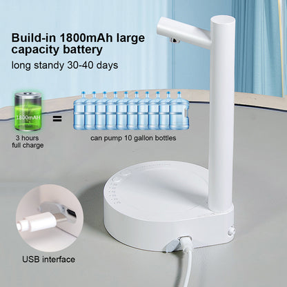 White electric water pump with battery and bottle illustrations on a gray surface.