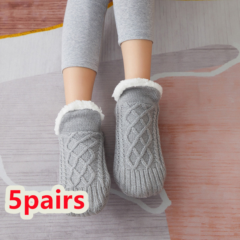 Winter Woolen Non-Slip Socks – Thick Warm Indoor Bedroom Slippers for Women & Men