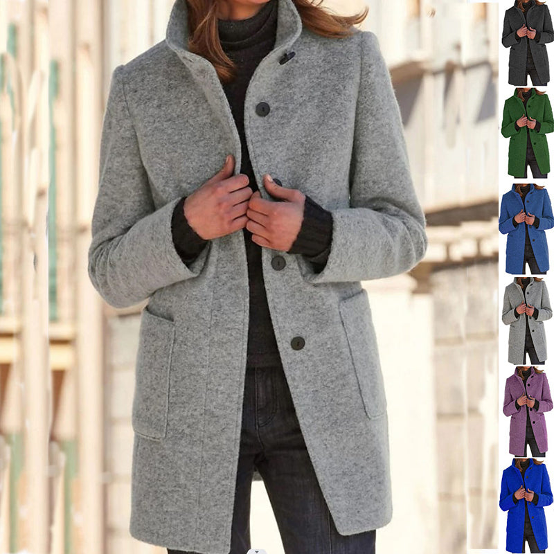 Fashion Stand Collar Woolen Coat for Women – Warm Fall Winter Slim Fit Button Outwear with Pockets