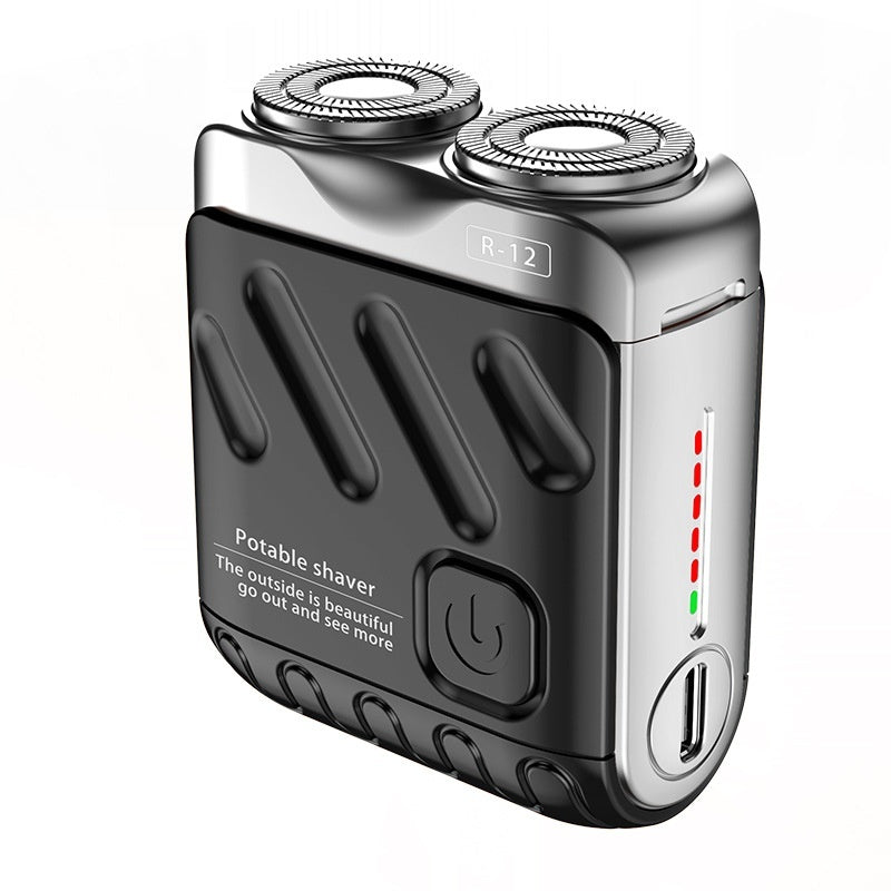 Portable shaver with visible branding on a white background