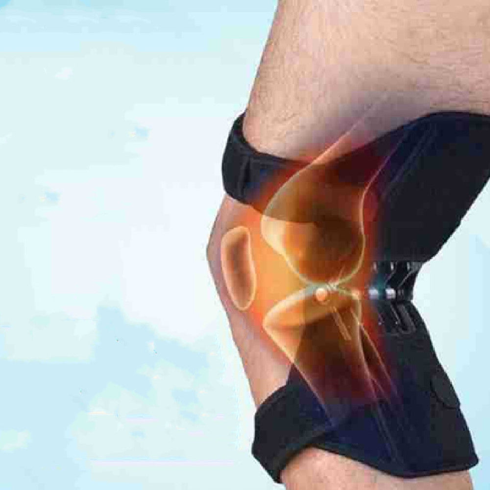 Knee brace with a transparent overlay showing knee anatomy on a light blue background
