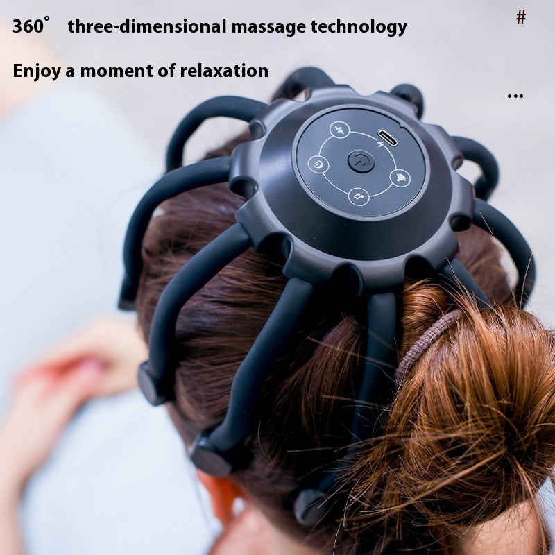 A Bluetooth head massager with a ten-claw design being used on a person's head, primarily in black color.
